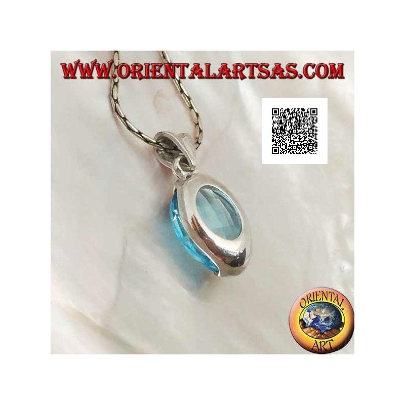 Silver pendant with oval faceted blue topaz set above and below
