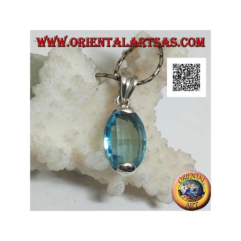 Pendentif en argent avec topaze bleue facettée ovale sertie dessus et dessous