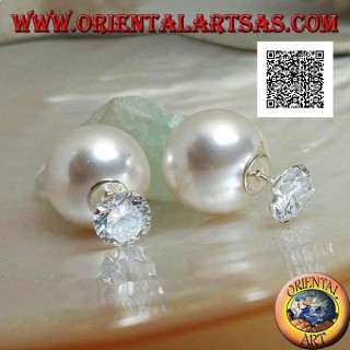 Pendientes lóbulos de plata con perla blanca y circonita redonda engastada (estilo Dior)