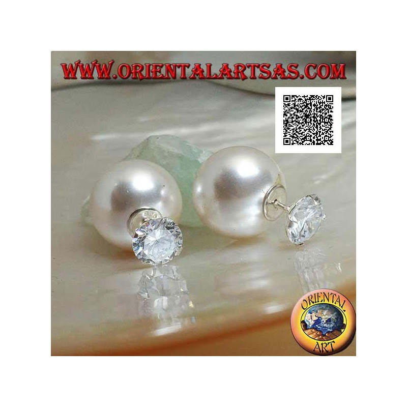 Boucles d'oreilles lobe en argent avec perle blanche et serti zircon rond (style Dior)
