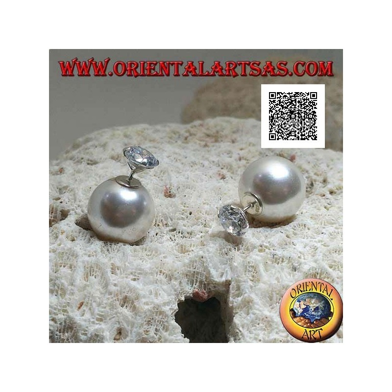 Boucles d'oreilles lobe en argent avec perle blanche et serti zircon rond (style Dior)