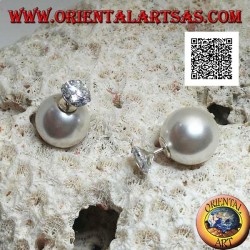 Pendientes lóbulos de plata con perla blanca y circonita redonda engastada (estilo Dior)