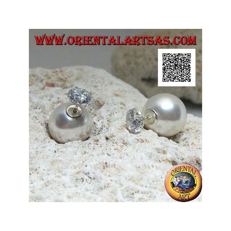Silver lobe earrings with white pearl and set round zircon (Dior style)
