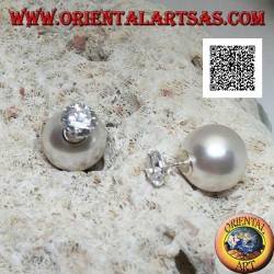 Silberne Ohrringe mit weißer Perle und rundem Zirkon (Dior-Stil)