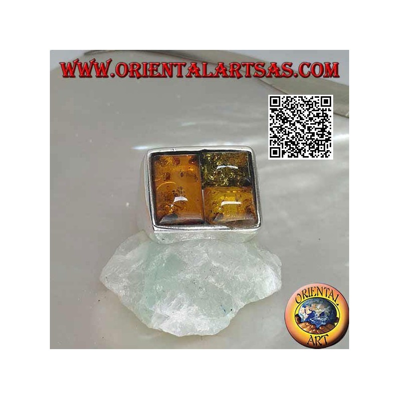 Rectangular silver ring with three rectangular puzzle ambers