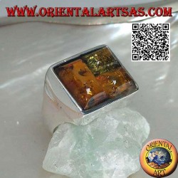 Bague rectangulaire en argent avec trois ambres puzzle rectangulaires