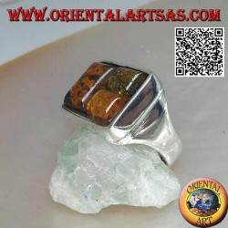 Rectangular silver ring with three rectangular puzzle ambers