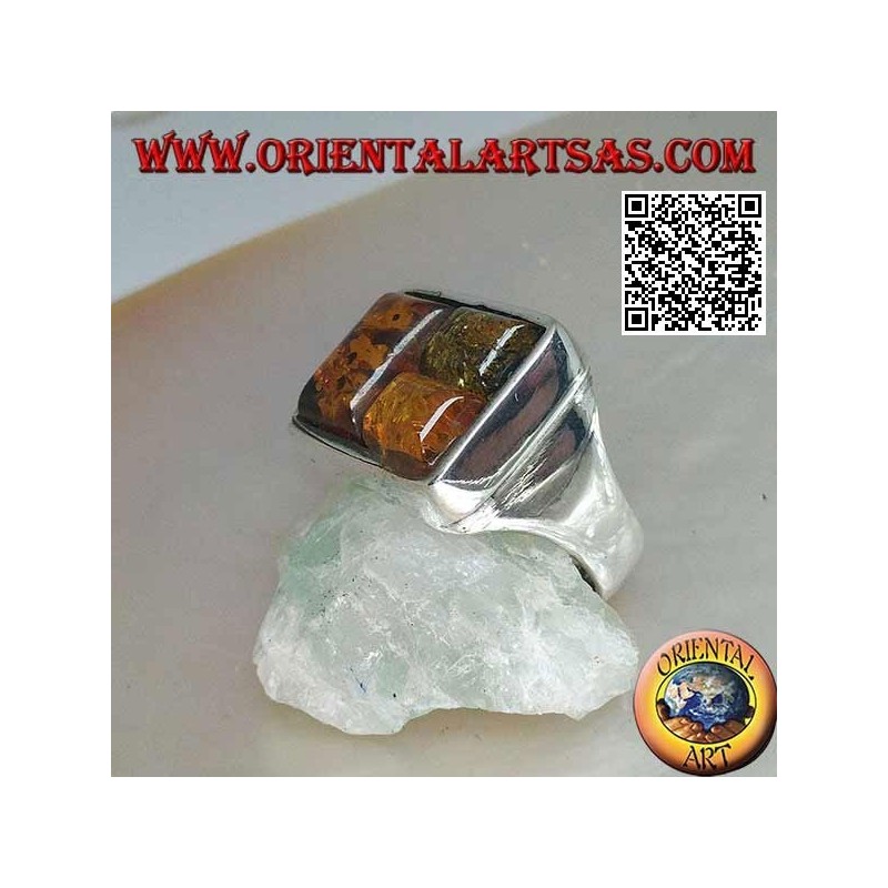 Anillo de plata rectangular con tres ámbar rompecabezas rectangulares