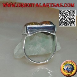 Rectangular silver ring with three rectangular puzzle ambers