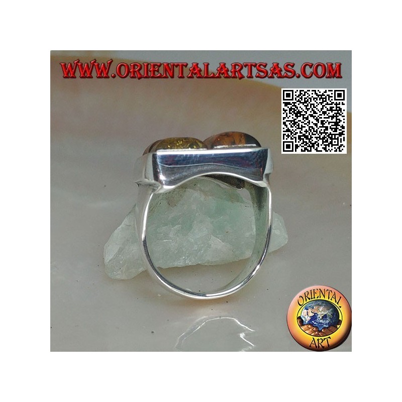 Bague rectangulaire en argent avec trois ambres puzzle rectangulaires
