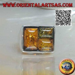 Anillo de plata rectangular con tres ámbar rompecabezas rectangulares