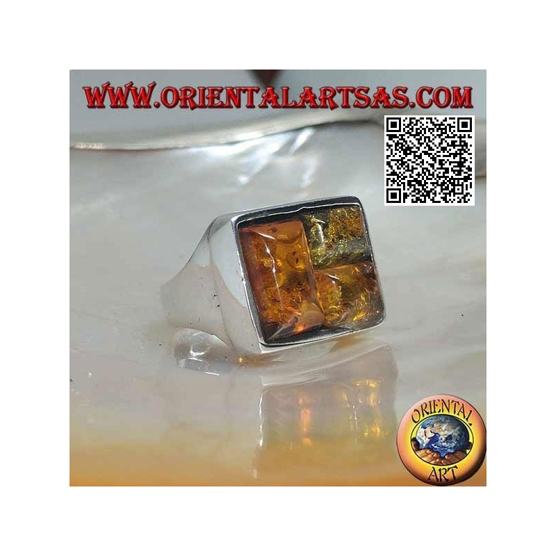 Anillo de plata rectangular con tres ámbar rompecabezas rectangulares