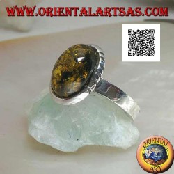 Silver ring with oval green cabochon amber and oblique engravings on the sides (19)