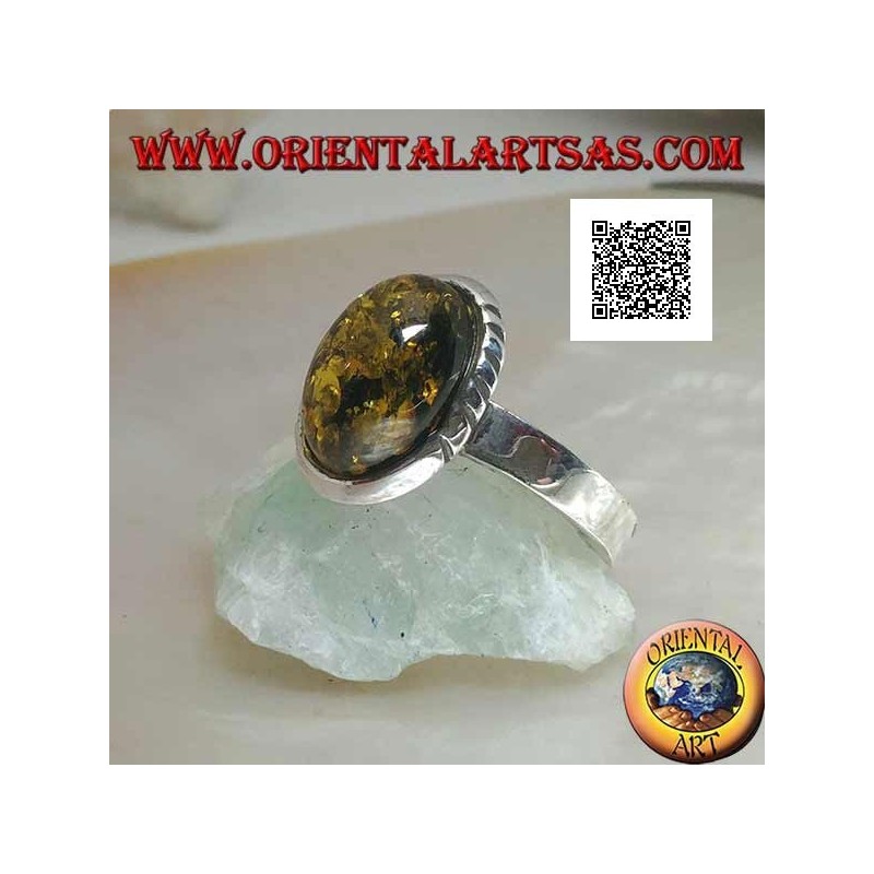 Silver ring with oval green cabochon amber and oblique engravings on the sides (19)