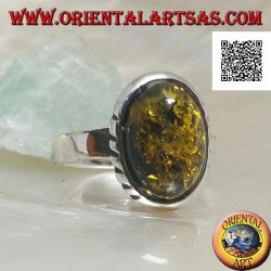 Silver ring with oval green cabochon amber and oblique engravings on the sides (19)