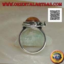 Silberring mit ovalem Cabochon-Bernstein mit zwei Kugeln und einem Blatt am Rand (dünn)