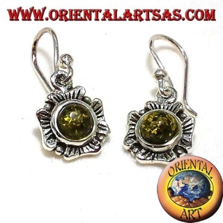Pendientes de flores de plata con ámbar verde