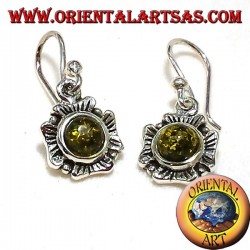 orecchini in argento fiore con ambra verde