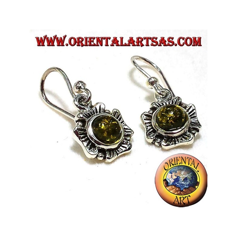 orecchini in argento fiore con ambra verde