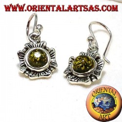 Boucles d'oreilles fleurs en argent avec ambre vert