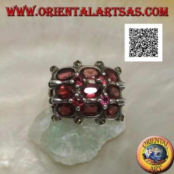 Silver grid ring with oval and round natural garnets and marcasite on the external intersections