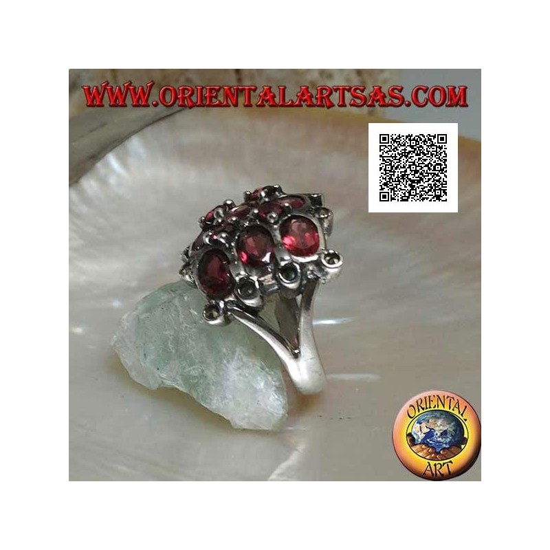 Silver grid ring with oval and round natural garnets and marcasite on the external intersections