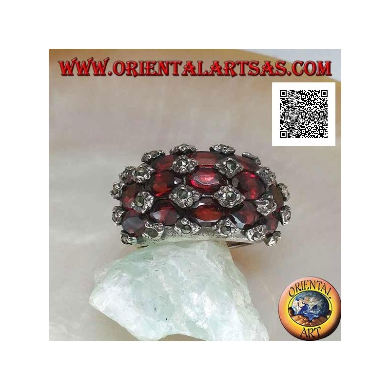 Rounded rectangular silver ring with 15 natural oval grid garnets and marcasite on the intersections