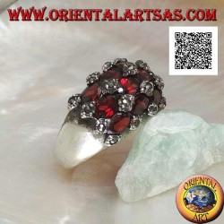 Rounded rectangular silver ring with 15 natural oval grid garnets and marcasite on the intersections