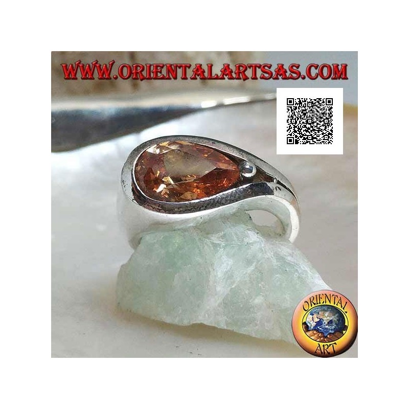 Rhodium-plated silver ring with cross drop champagne zircon on smooth setting