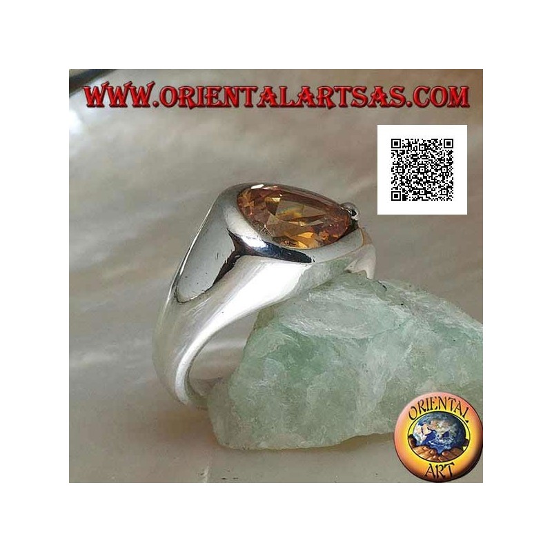 Rhodium-plated silver ring with cross drop champagne zircon on smooth setting