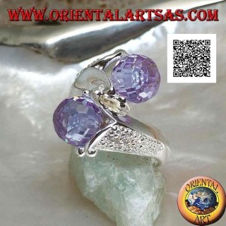 Anello in argento rodiato a due braccia con due sfere di zircone color ametista sfaccettato 