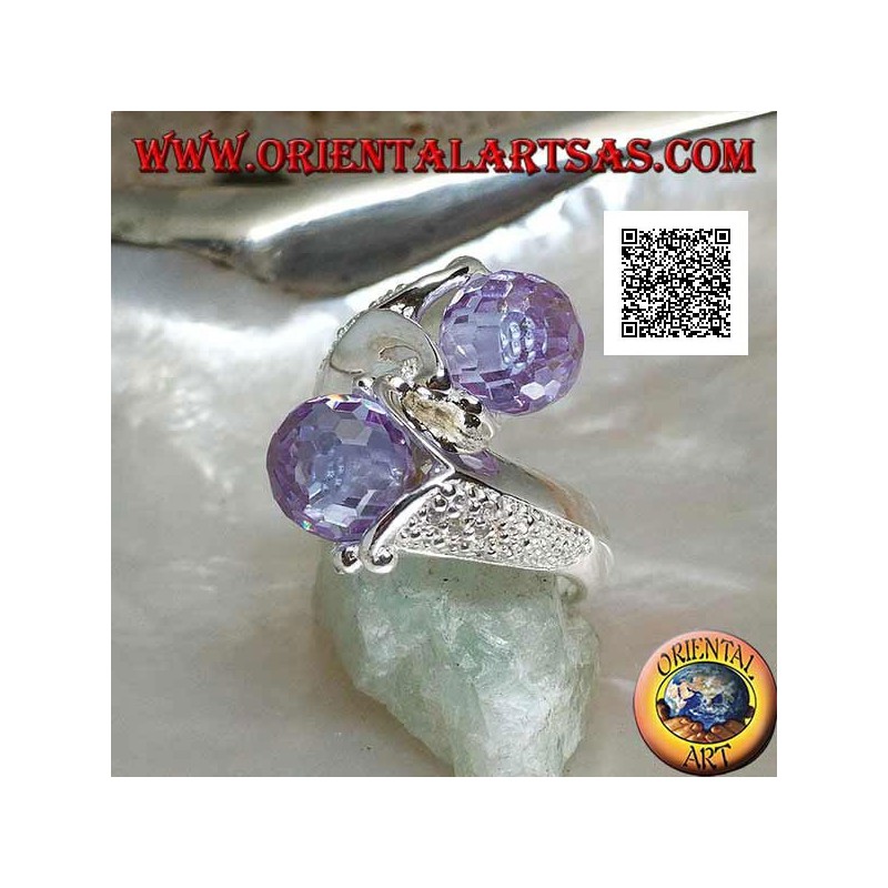 Zweiarmiger Rhodiumsilberring mit zwei facettierten Amethyst-Zirkonkugeln
