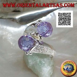 Anillo de plata rodiada de dos brazos con dos esferas facetadas de circonita amatista