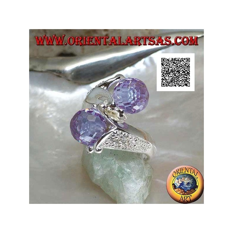 Zweiarmiger Rhodiumsilberring mit zwei facettierten Amethyst-Zirkonkugeln