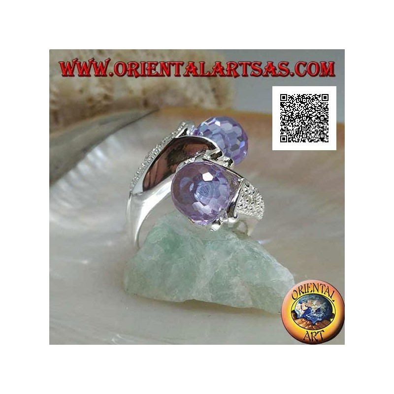 Anillo de plata rodiada de dos brazos con dos esferas facetadas de circonita amatista
