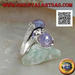 Anillo de plata rodiada de dos brazos con dos esferas facetadas de circonita amatista