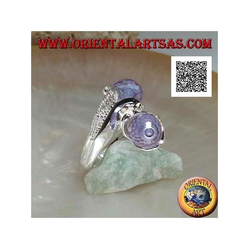 Two-arm rhodium silver ring with two faceted amethyst zircon spheres
