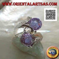 Two-arm rhodium silver ring with two faceted amethyst zircon spheres