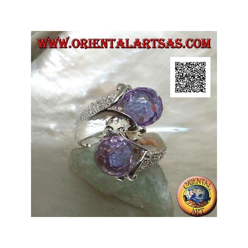 Zweiarmiger Rhodiumsilberring mit zwei facettierten Amethyst-Zirkonkugeln