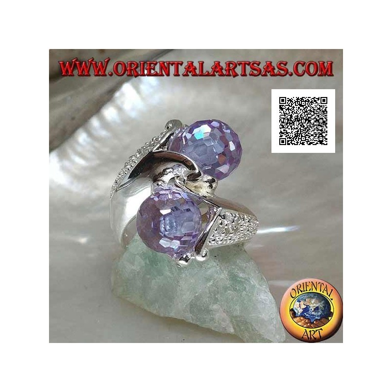 Anillo de plata rodiada de dos brazos con dos esferas facetadas de circonita amatista