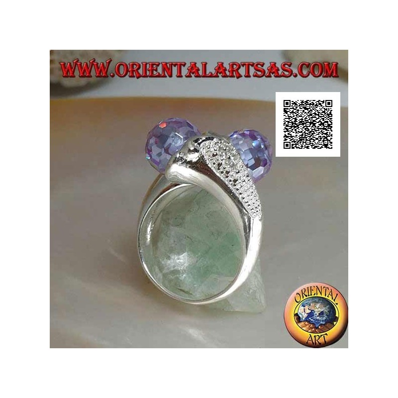 Bague en argent rhodié à deux bras avec deux sphères zircon améthyste facettées