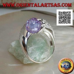 Bague en argent rhodié à deux bras avec deux sphères zircon améthyste facettées