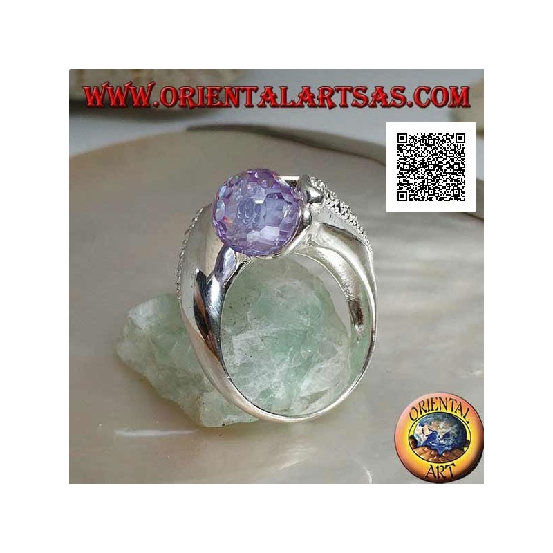 Two-arm rhodium silver ring with two faceted amethyst zircon spheres