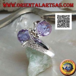 Anillo de plata rodiada de dos brazos con dos esferas facetadas de circonita amatista