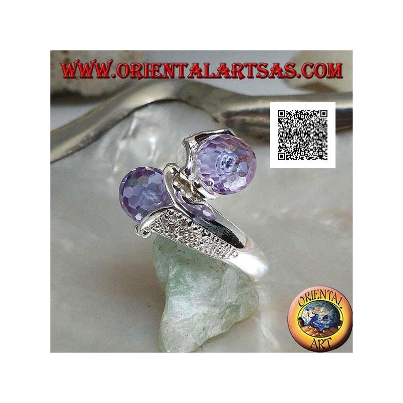 Two-arm rhodium silver ring with two faceted amethyst zircon spheres