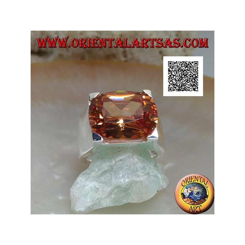 Rhodium silver ring with transverse oval champagne zircon set in a rectangle