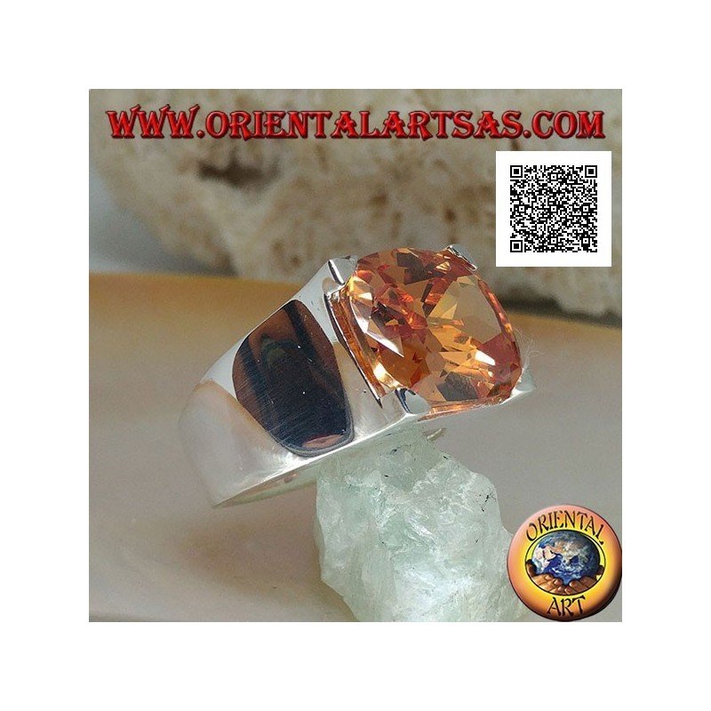 Rhodium silver ring with transverse oval champagne zircon set in a rectangle
