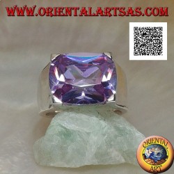 Rhodium-plated silver ring with transverse oval clear amethyst-colored zircon set in a rectangle