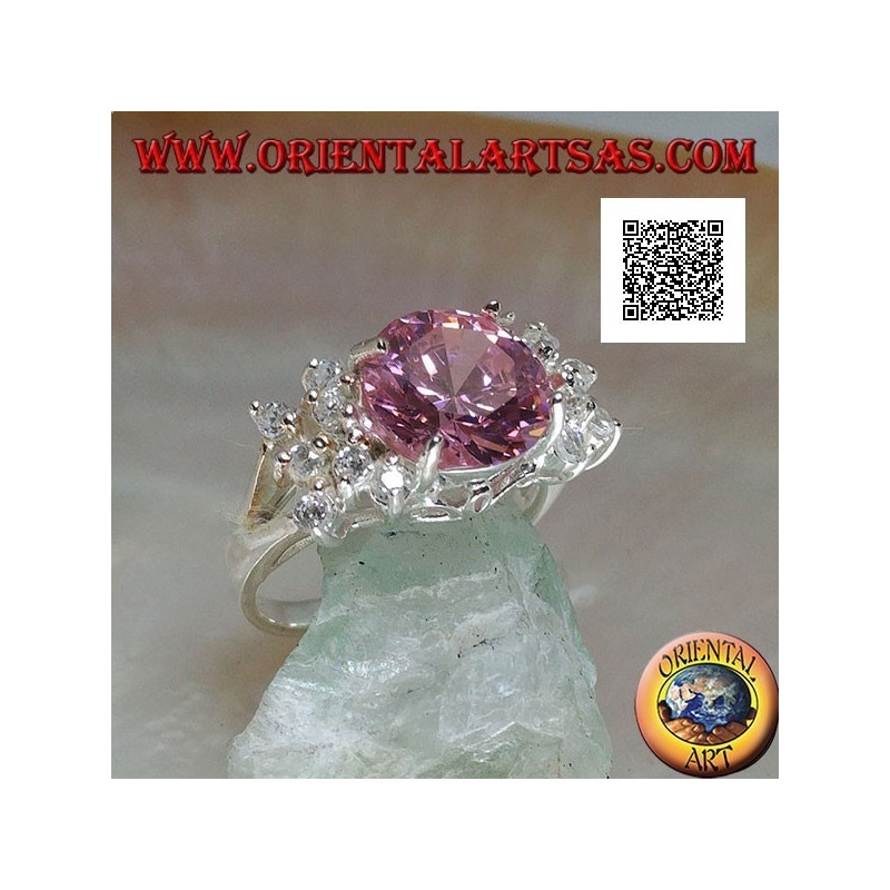 Rhodiumsilberring mit rosa rundem facettiertem Zirkon mit seitlichen weißen Zirkonen