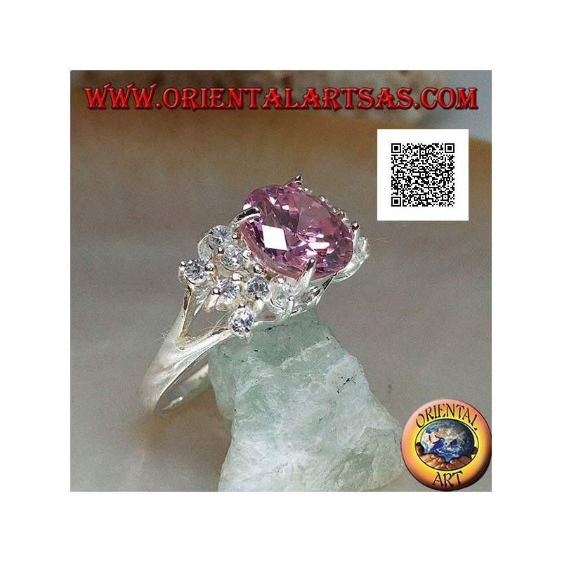 Rhodiumsilberring mit rosa rundem facettiertem Zirkon mit seitlichen weißen Zirkonen